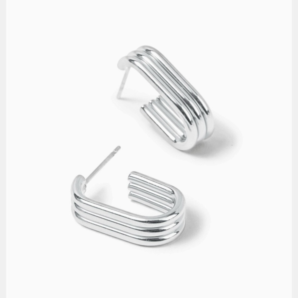 BOGO! Hoop Triple bar earrings Deco - in Silver Color- Boutique NEW - Picture 2 of 6